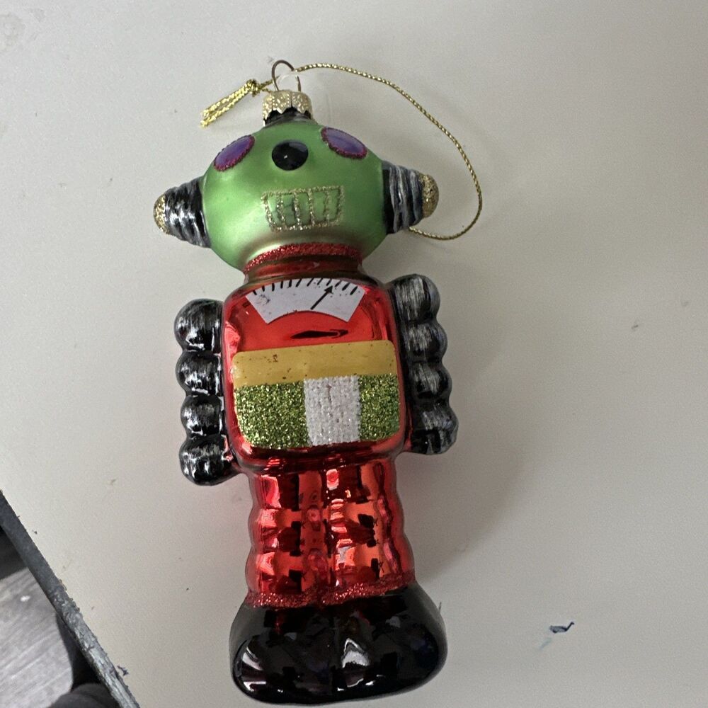Vintage Robot Blown Glass Christmas Ornament Multi Color 5”